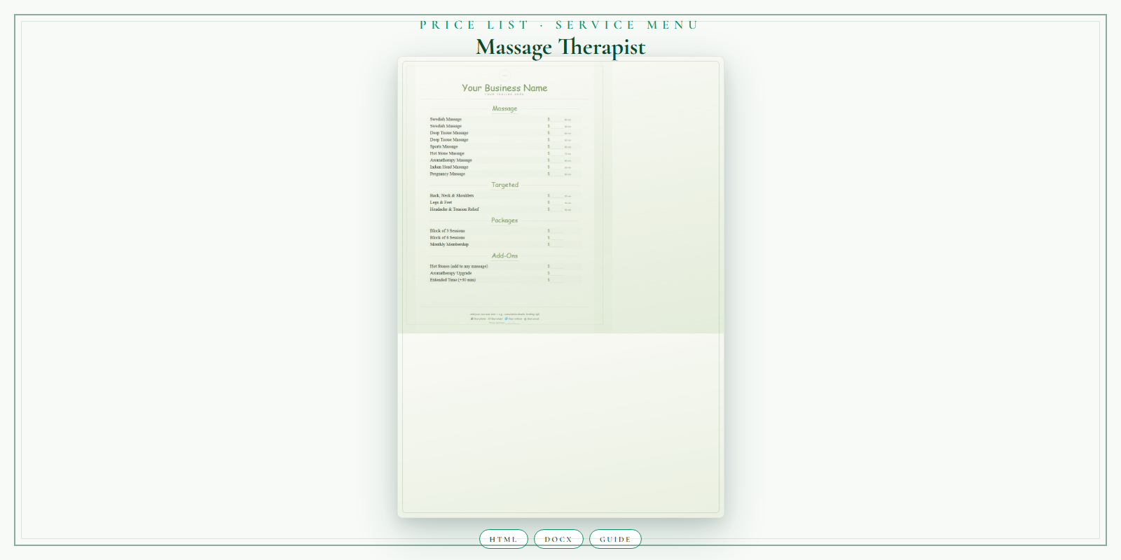Massage Therapist Price List & Service Menu product preview