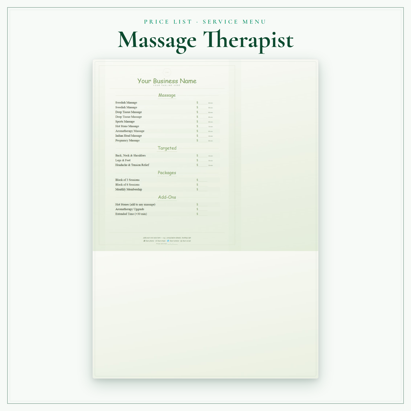 Massage Therapist Price List & Service Menu sample pages