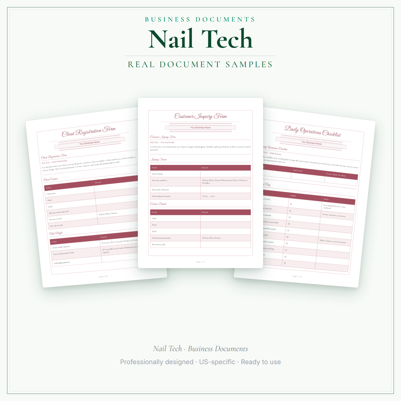 Nail Tech Business Documents — Premium sample pages