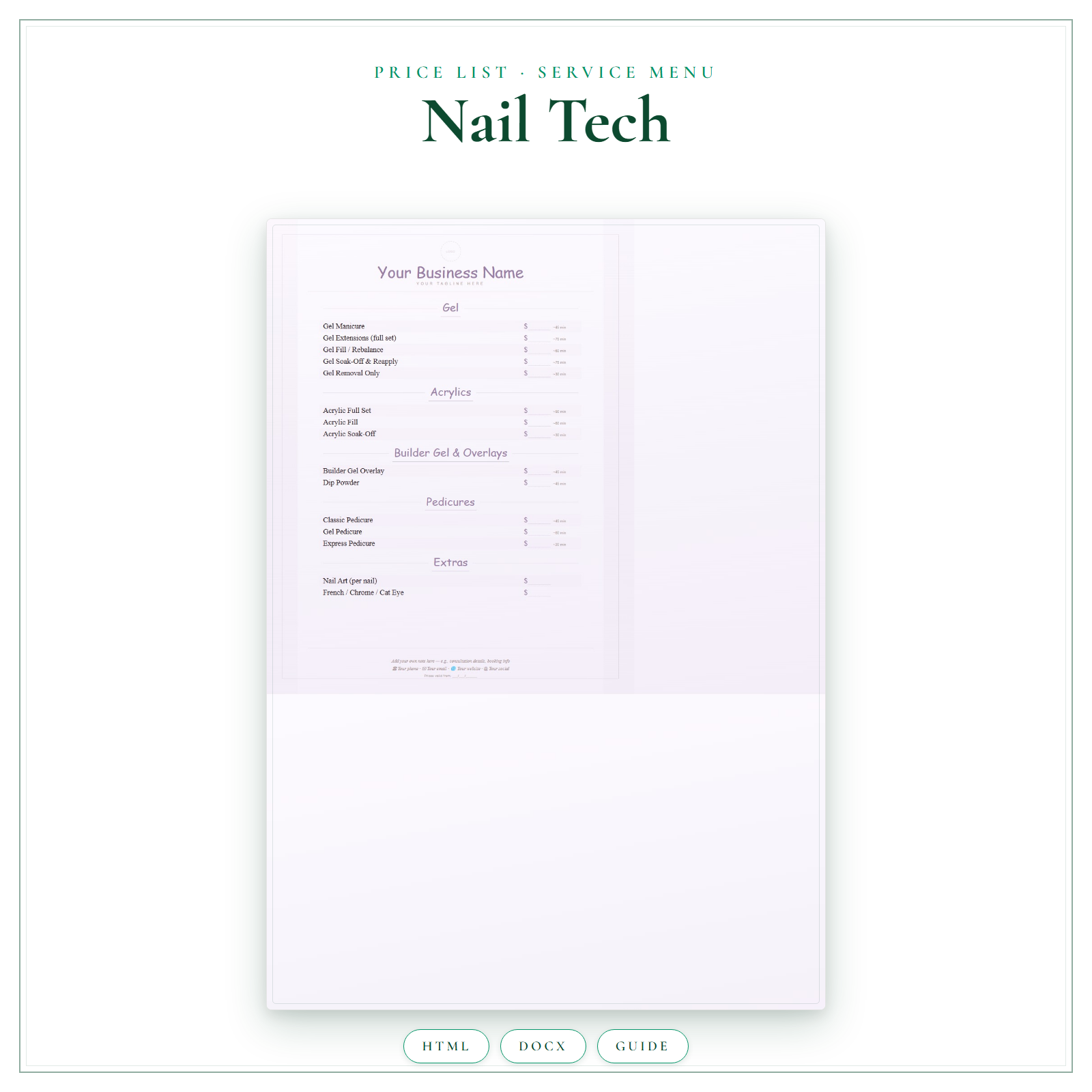 Price List & Service Menu for Nail Tech