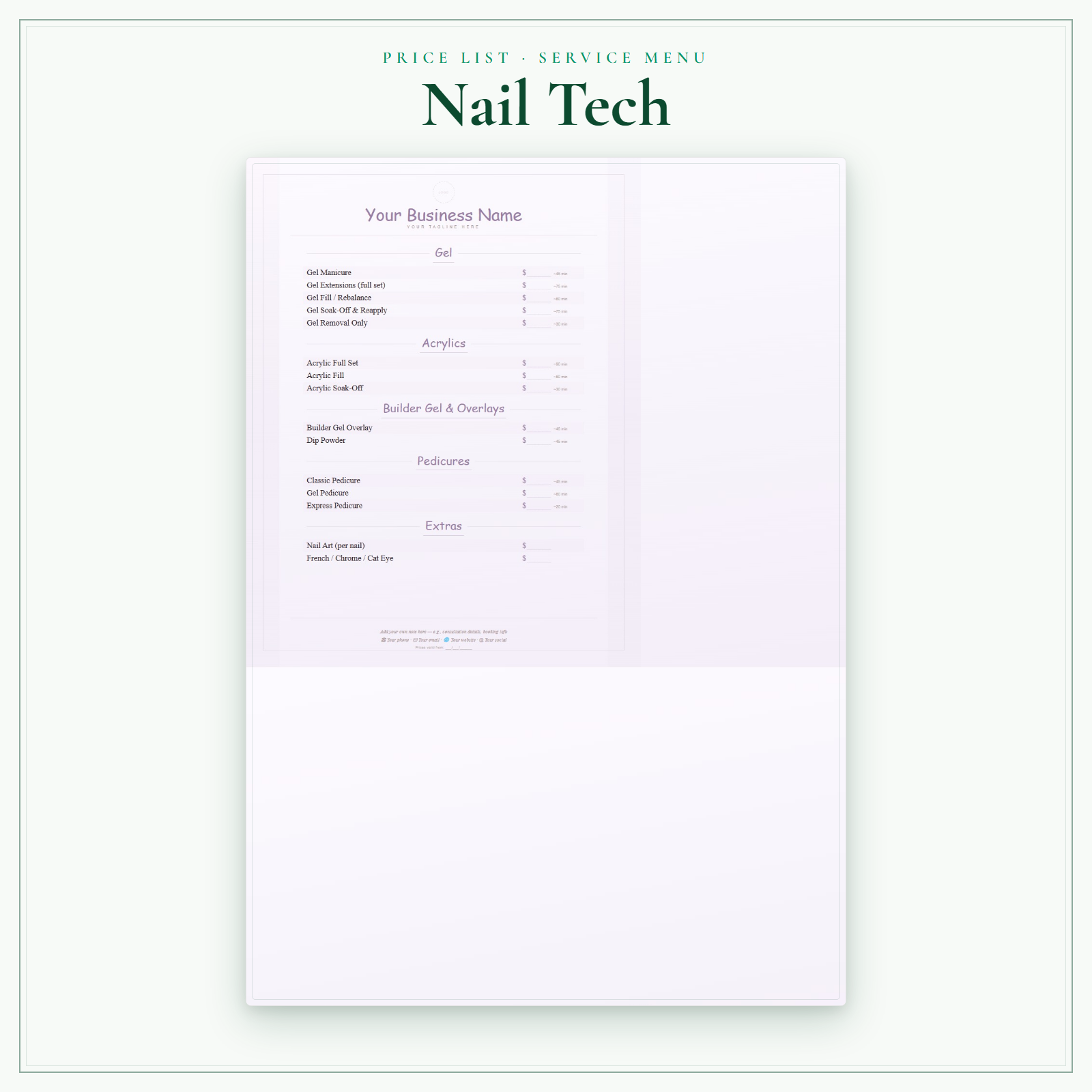 Nail Tech Price List & Service Menu sample pages