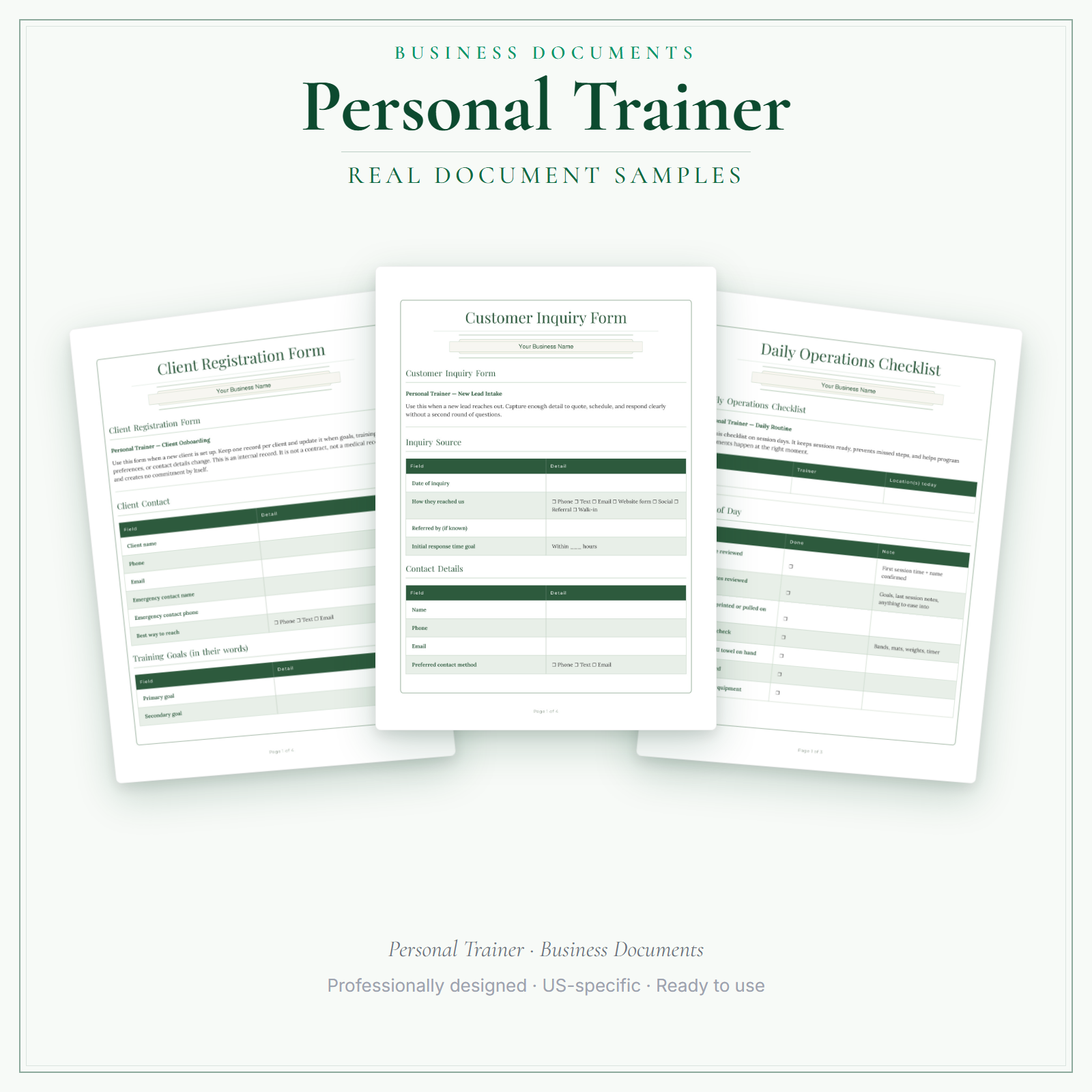 Personal Trainer Business Documents — Premium sample pages