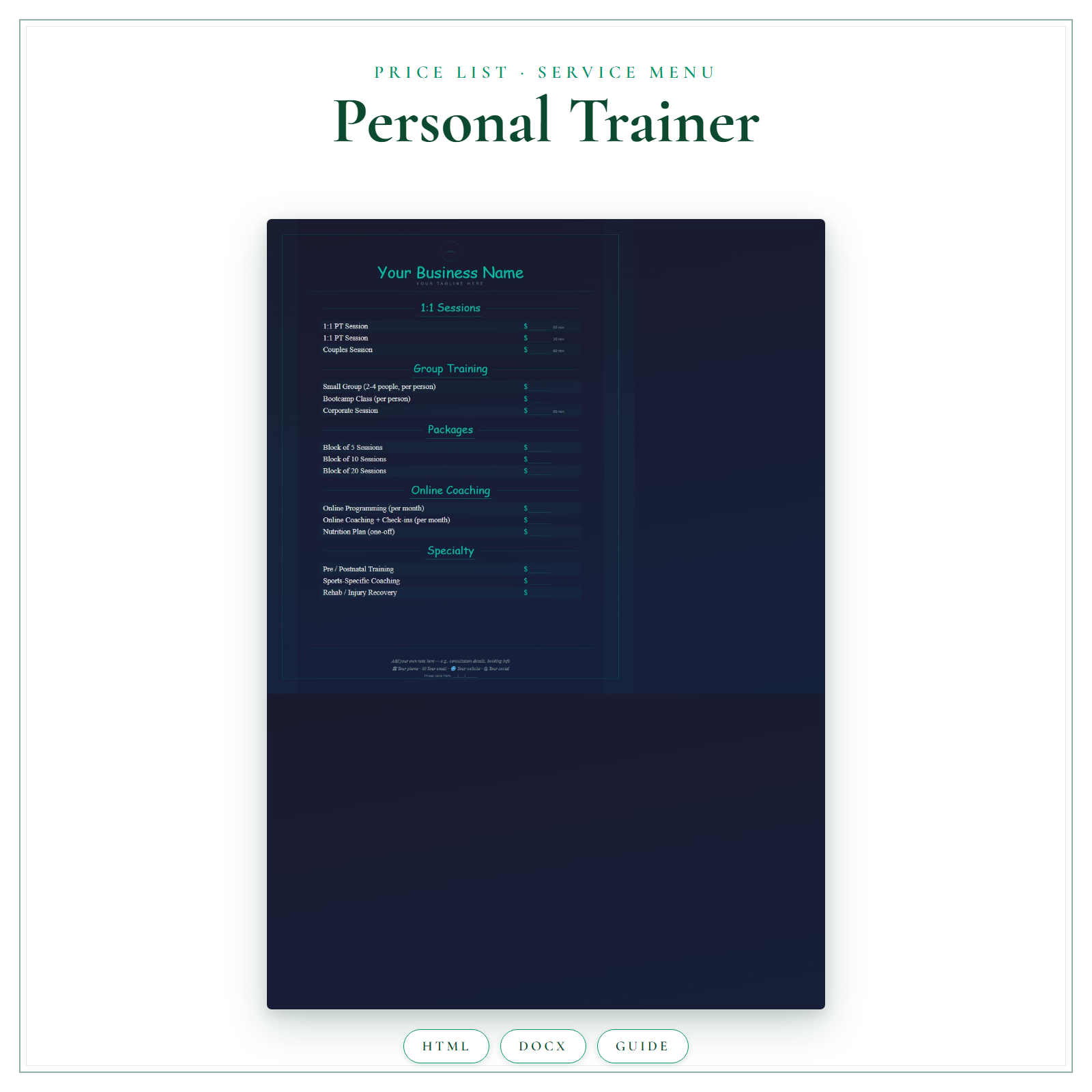 Price List & Service Menu for Personal Trainer