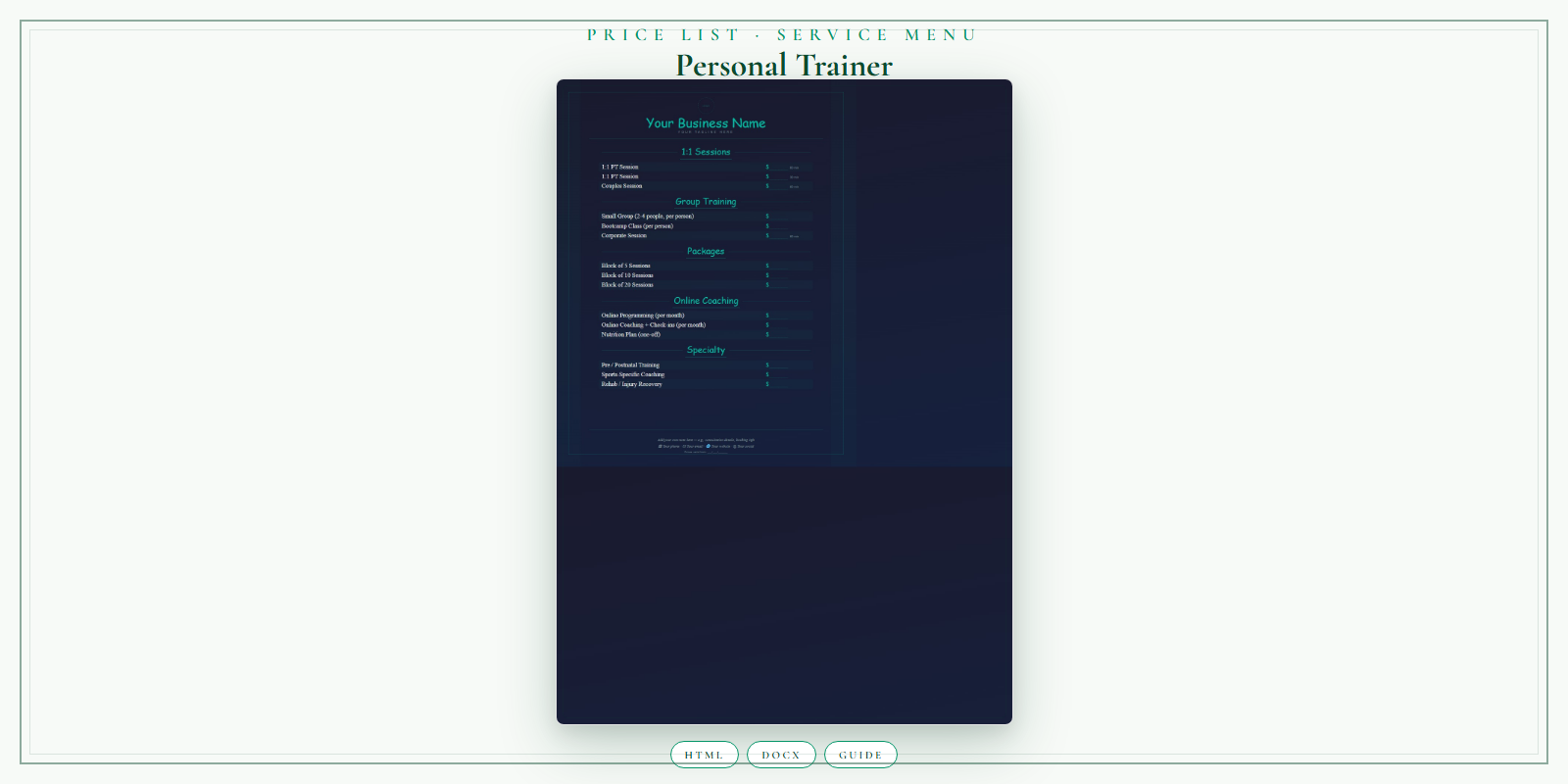 Personal Trainer Price List & Service Menu product preview