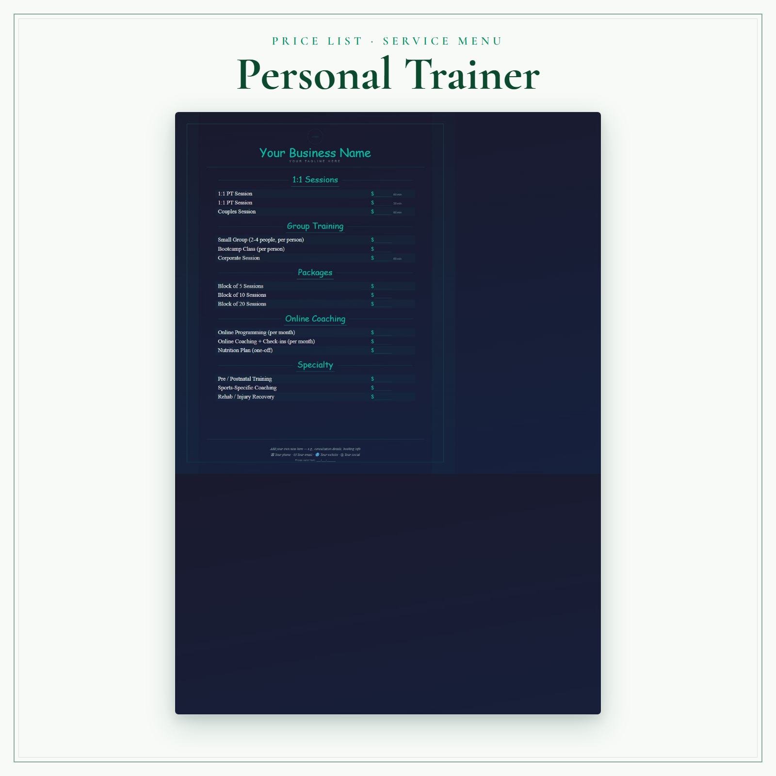 Personal Trainer Price List & Service Menu sample pages