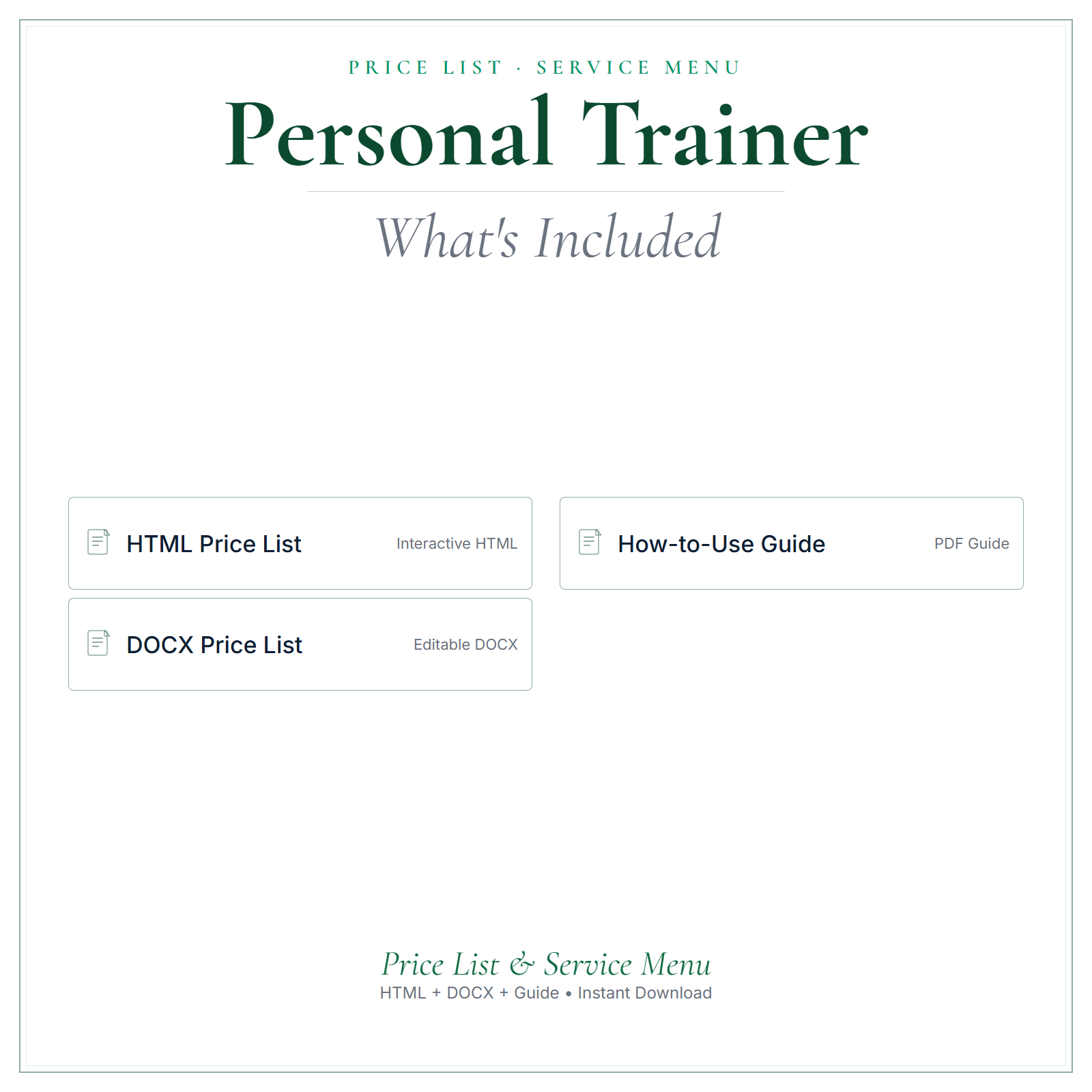 What's included in Personal Trainer Price List & Service Menu