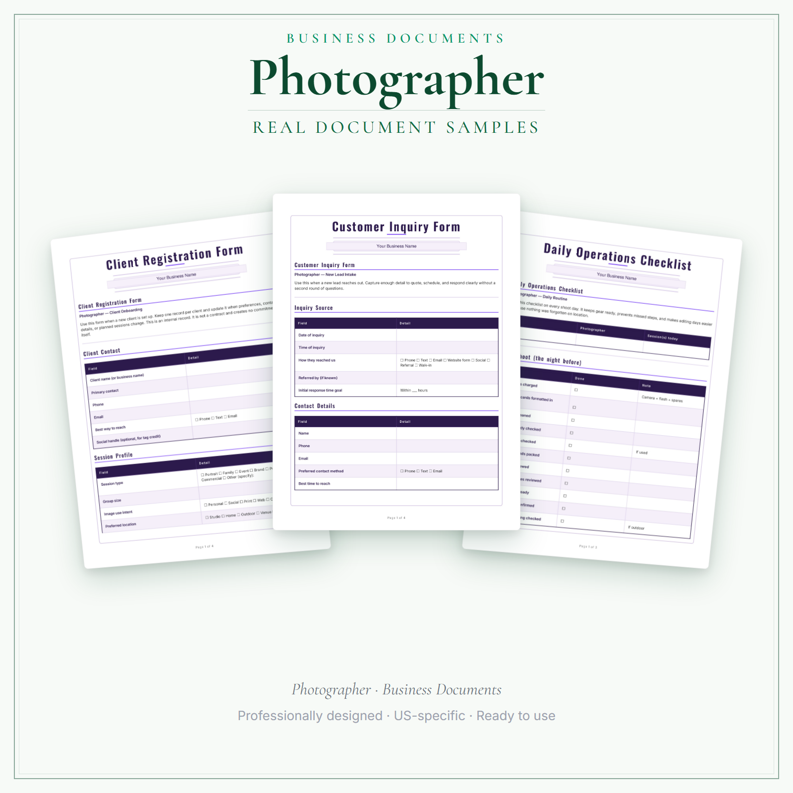 Photographer Business Documents — Premium sample pages