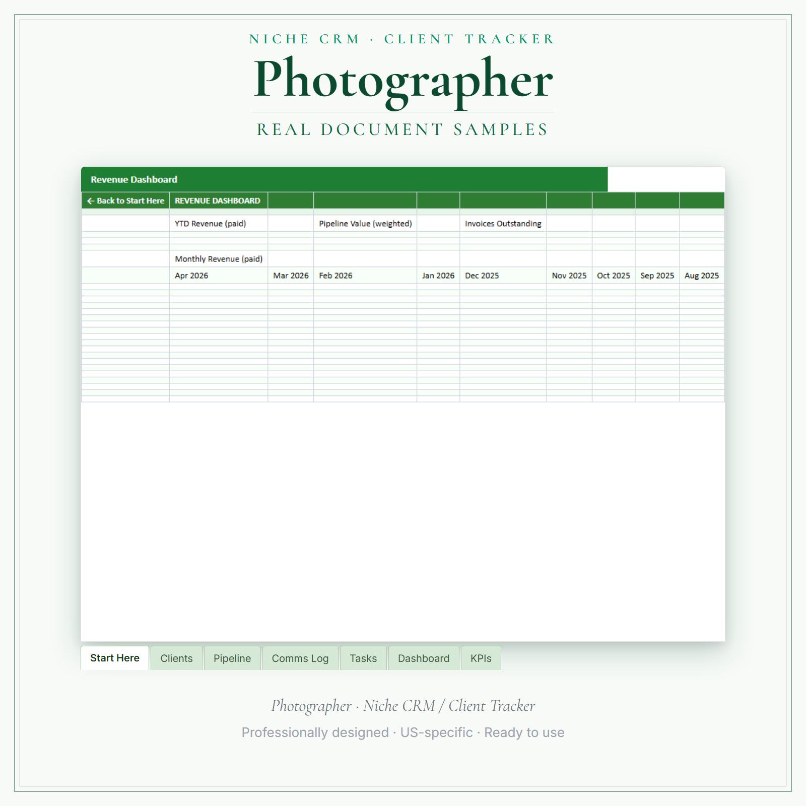 Photographer Client Tracker sample pages