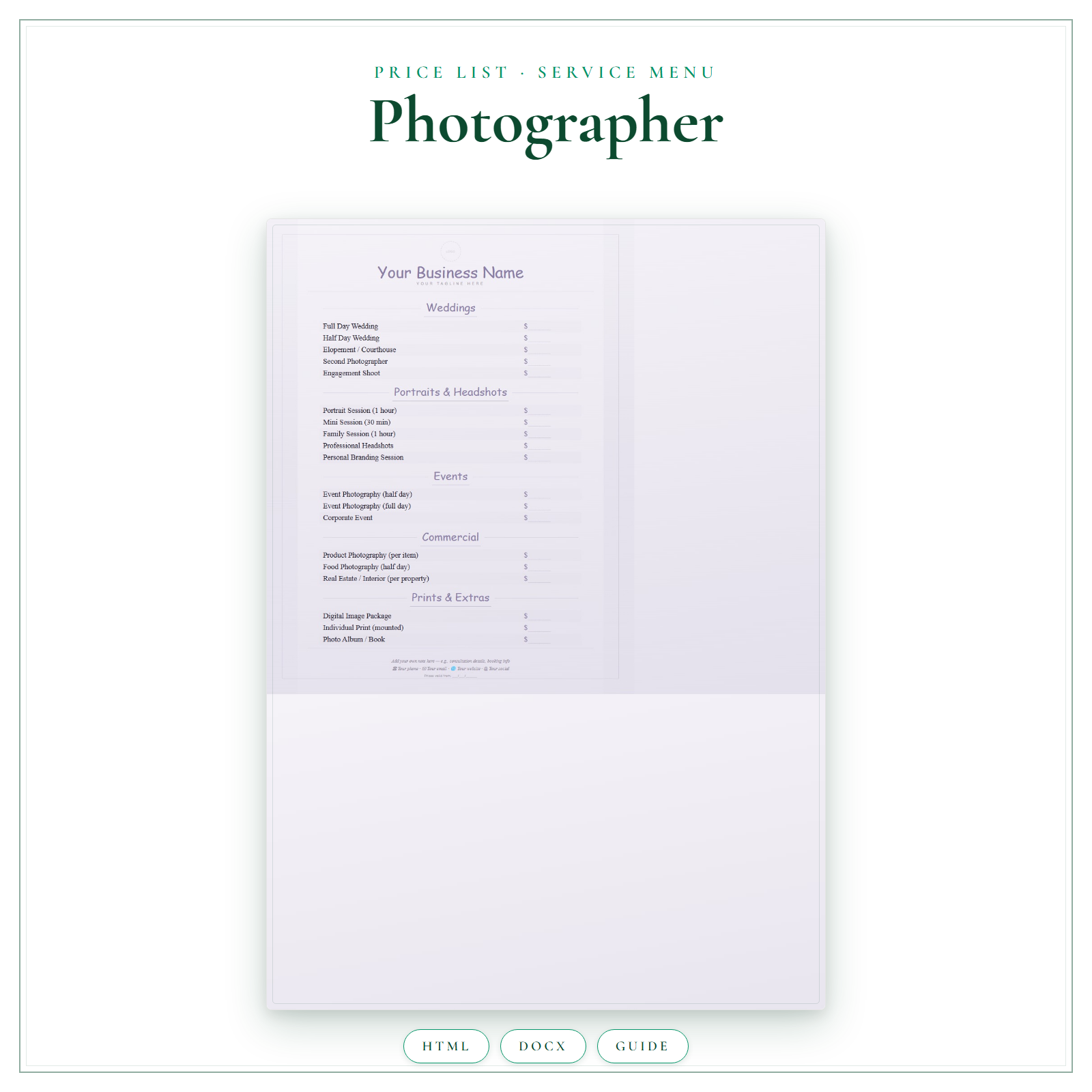 Price List & Service Menu for Photographer