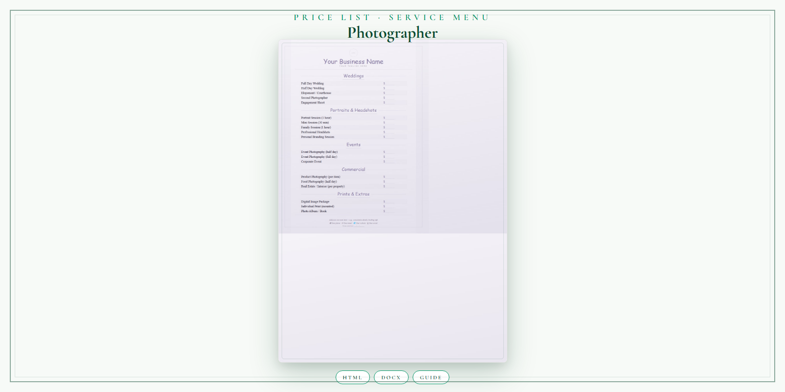 Photographer Price List & Service Menu product preview
