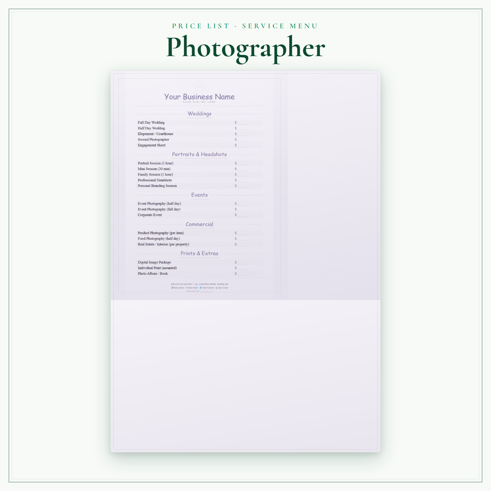 Photographer Price List & Service Menu sample pages