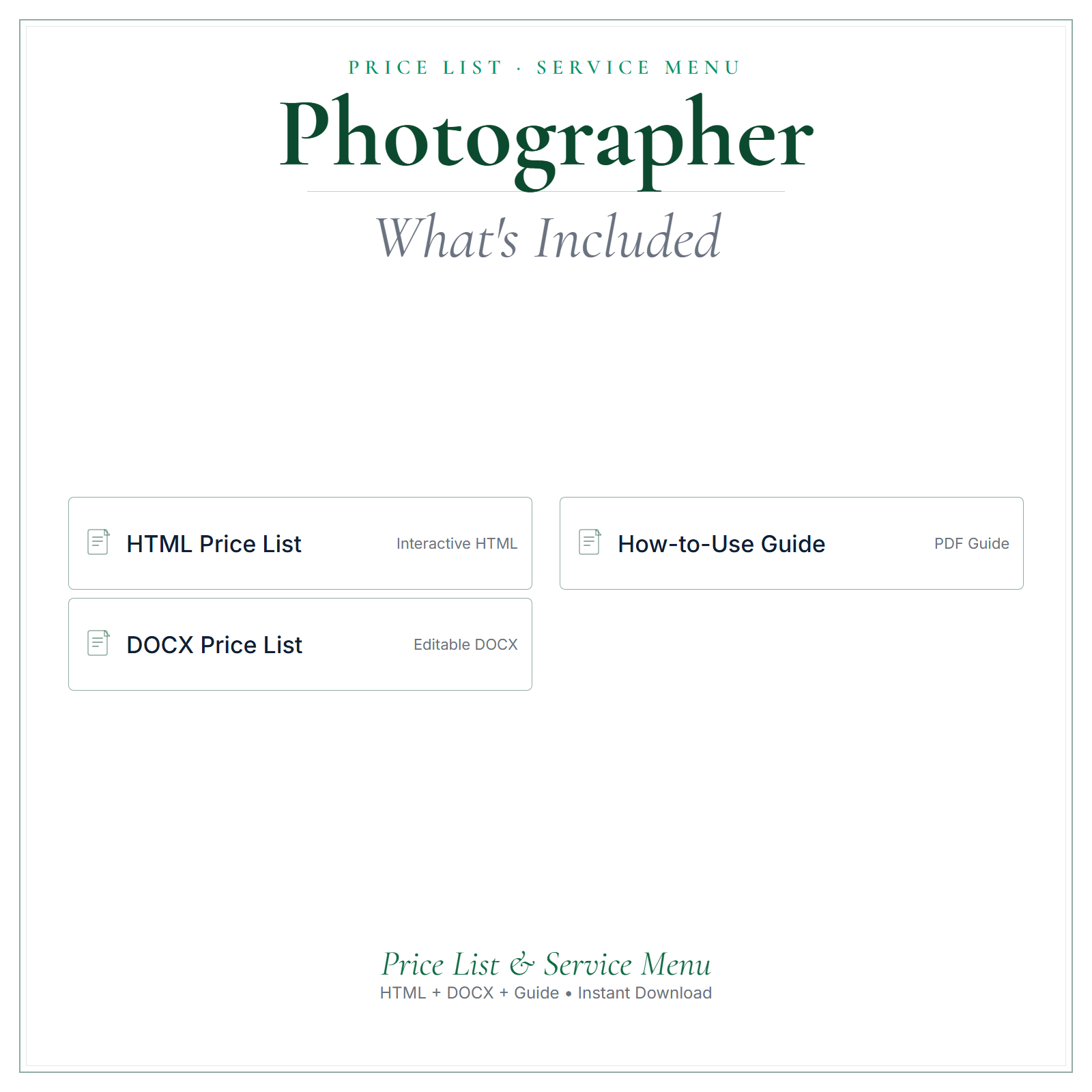 What's included in Photographer Price List & Service Menu