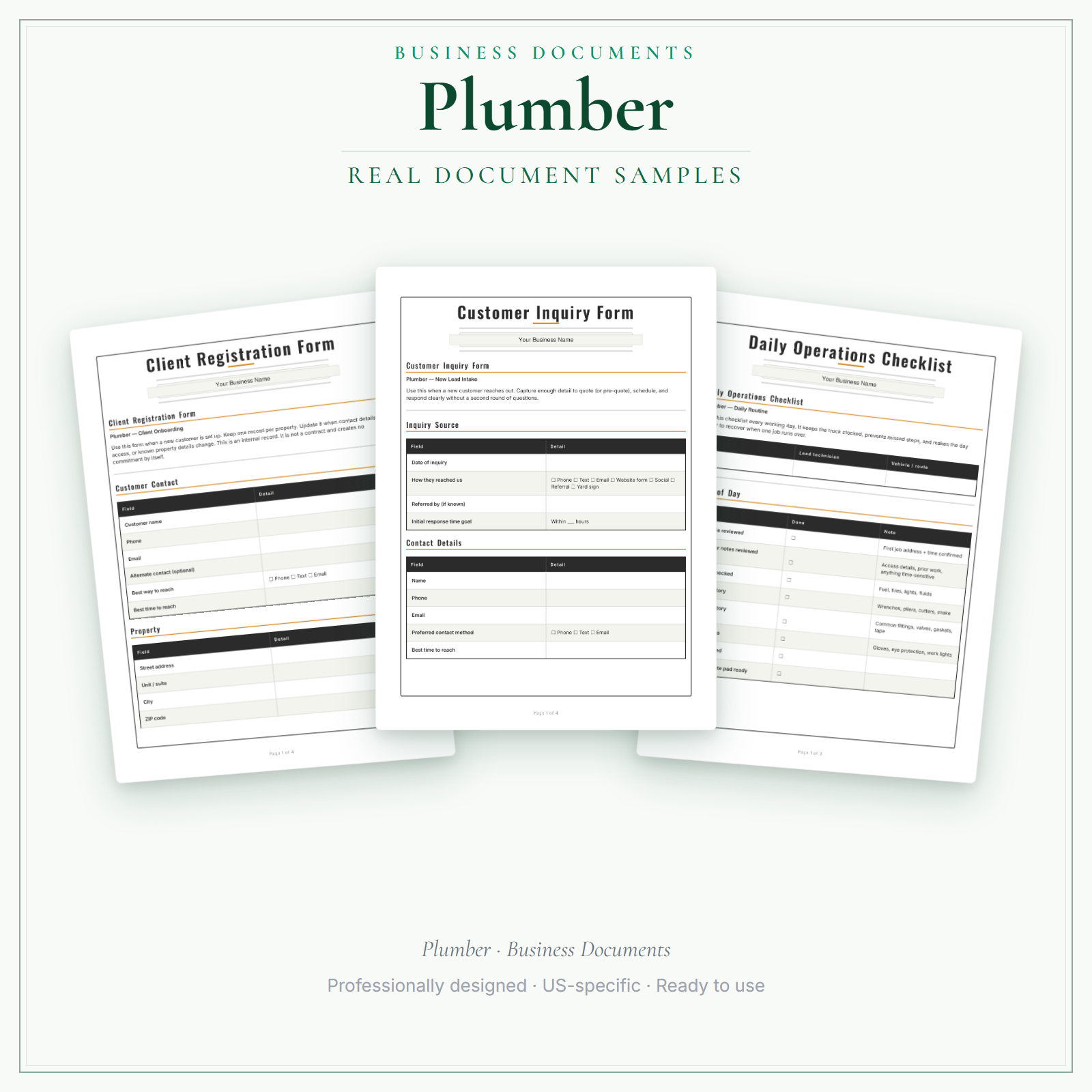 Plumber Business Documents — Premium sample pages