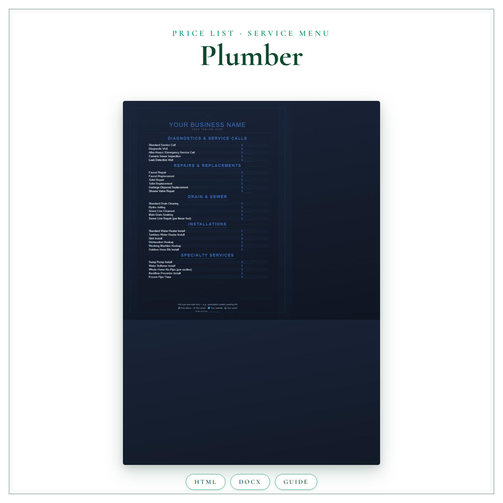 Price List & Service Menu for Plumber