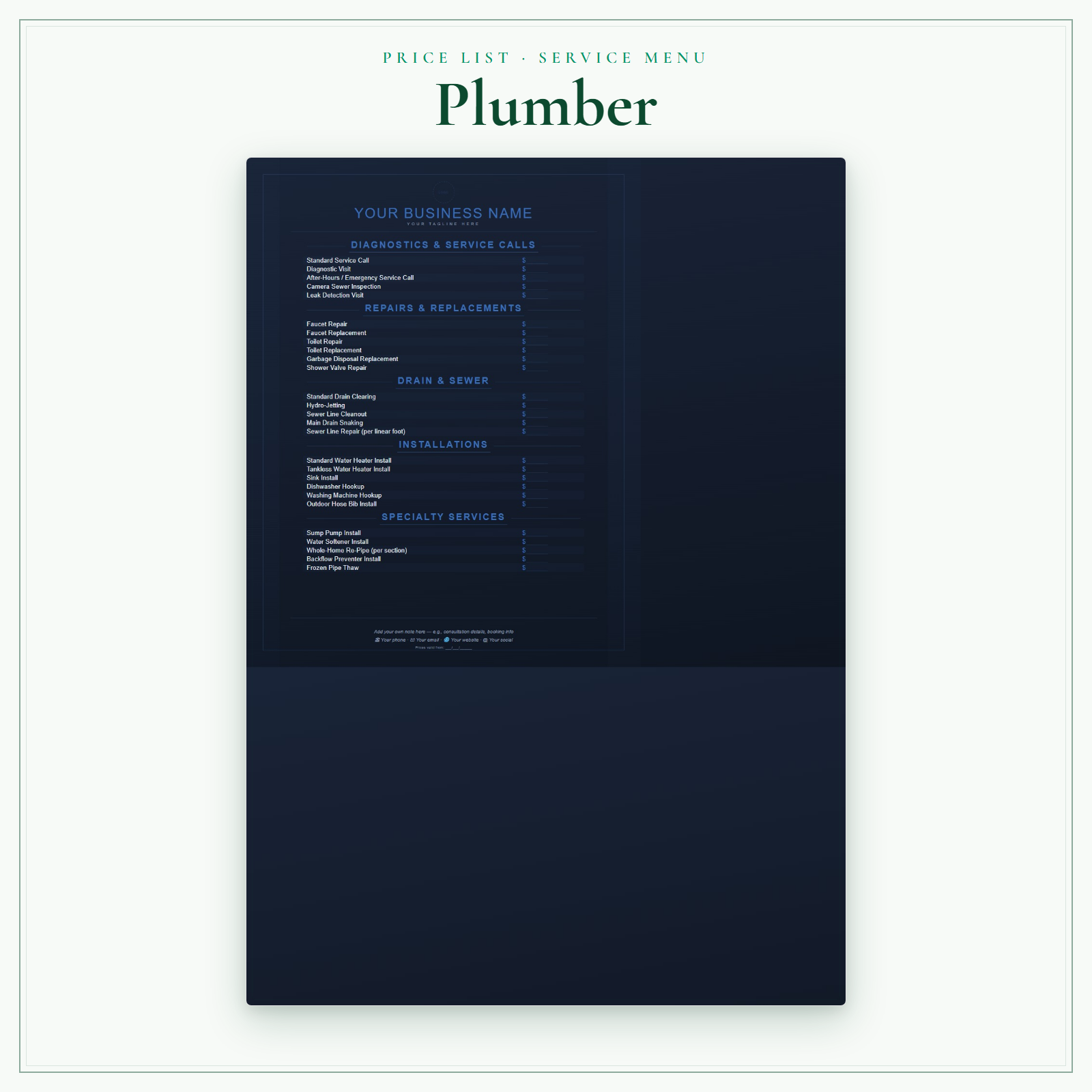 Plumber Price List & Service Menu sample pages