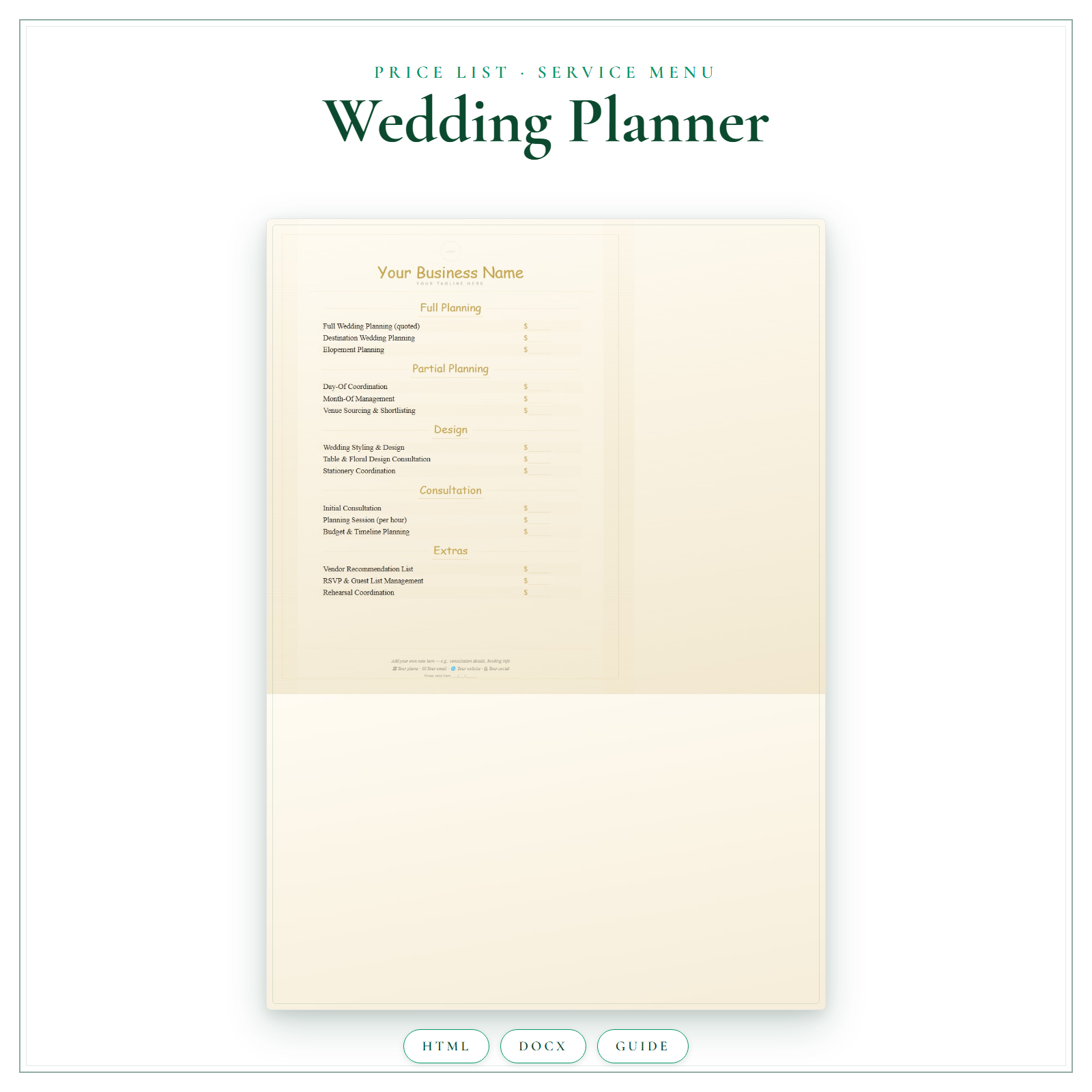 Price List & Service Menu for Wedding Planner