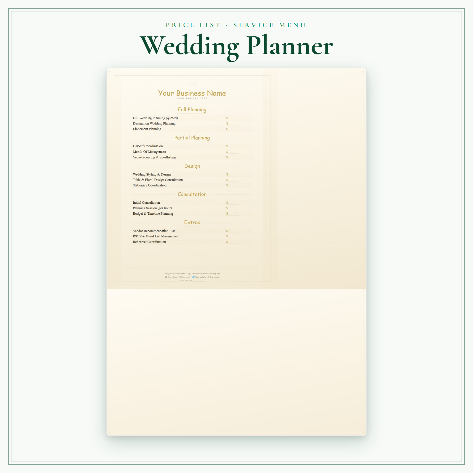 Wedding Planner Price List & Service Menu sample pages